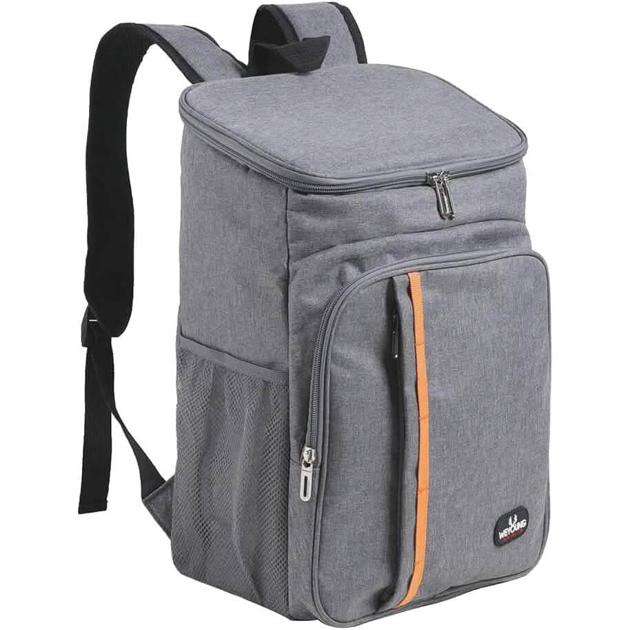 Gray cooler backpack with insulated top and front zip pocket, orange accent stripe.