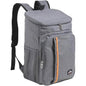 Gray cooler backpack with insulated top and front zip pocket, orange accent stripe.