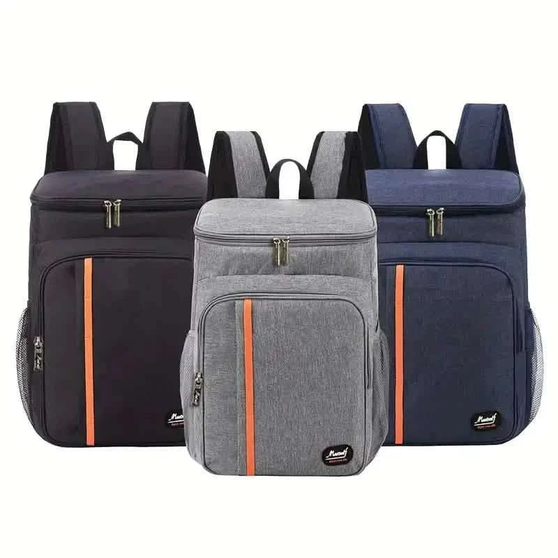 Set of three cooler backpacks: black, navy, and gray, each with orange trim and top zip
