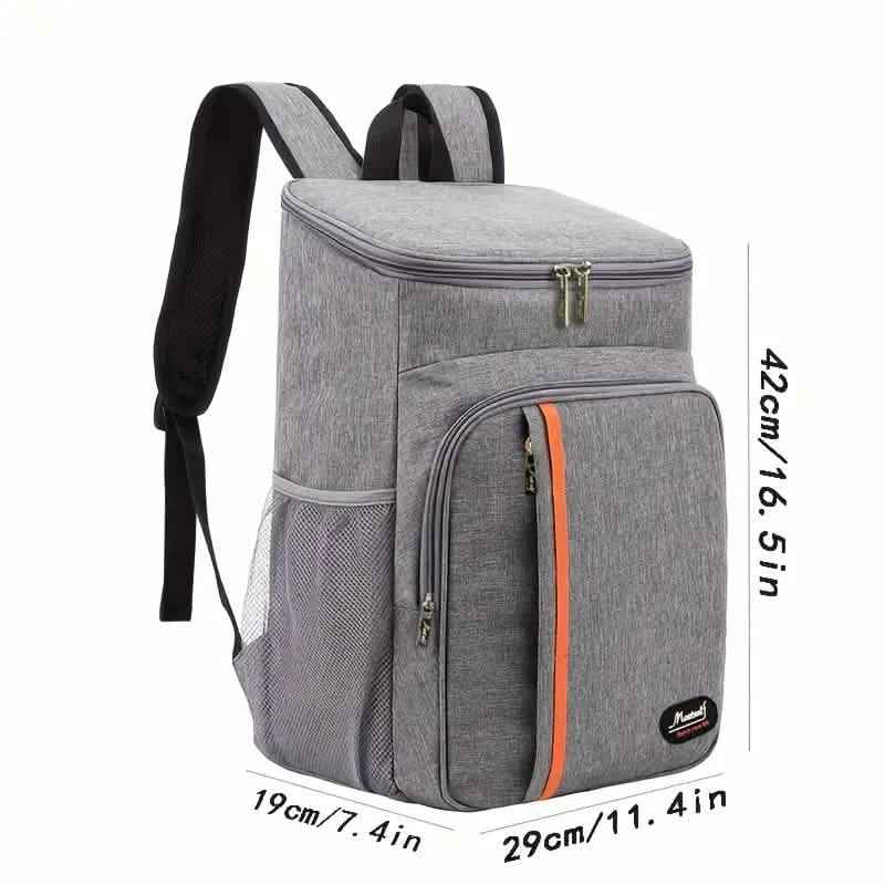 Gray cooler backpack side view with top handle, front zipper pocket, orange stripe.