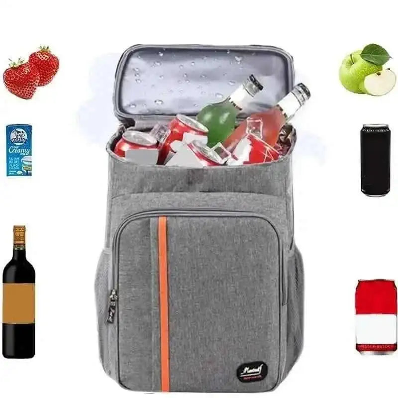 Gray cooler backpack with insulated open top and orange zip stripe, front pocket.