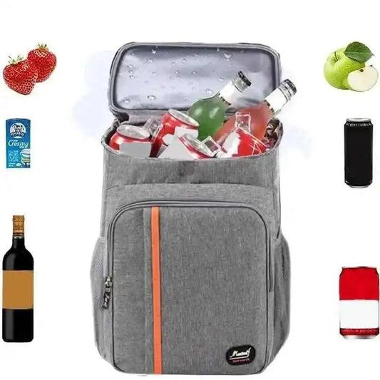 Gray cooler backpack with insulated open top and orange zip stripe, front pocket.
