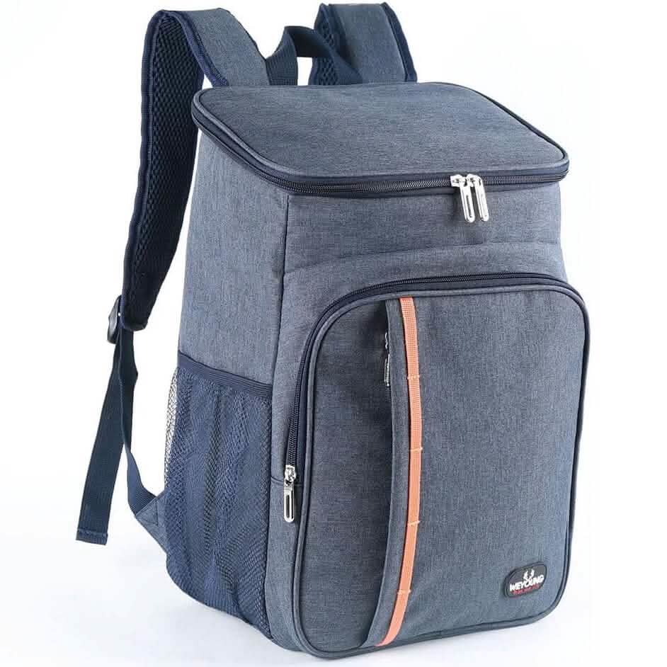 Blue cooler backpack with insulated top, front pocket, and orange vertical stripe.