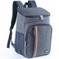 Blue cooler backpack with insulated top, front pocket, and orange vertical stripe.