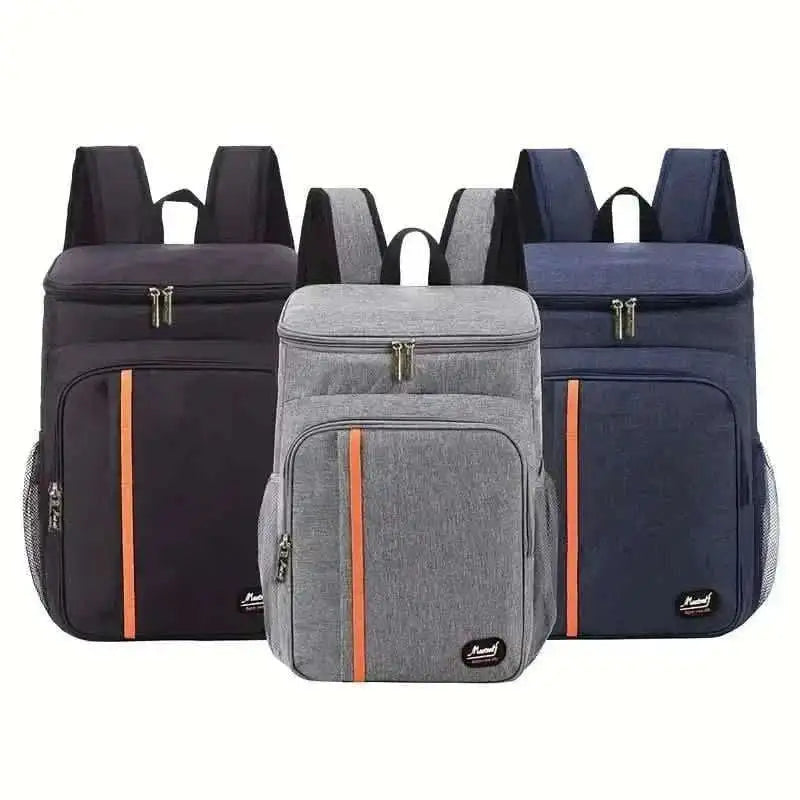 Cooler backpacks in black, navy, and gray, each with orange accent stripes.
