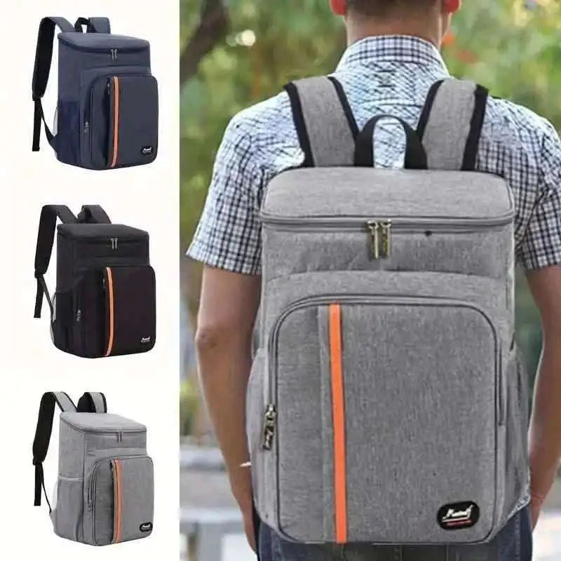 Gray cooler backpack worn on back with padded straps and orange front stripe.