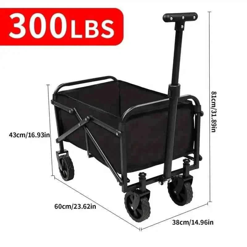Utility folding wagon cart with black fabric bed and sturdy metal frame, four all-terrain wheels.