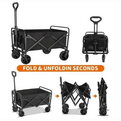Utility folding wagon cart with black fabric bin and four wheels, open and folded views.