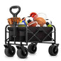 Utility folding wagon cart with black frame and mesh sides, loaded with sports balls.