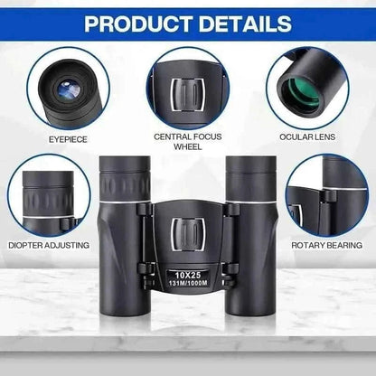 High Powered Mini Pocket Binoculars 10x25 with Phone Adapter – Compact, Lightweight, Portable – Black - Cartsfy Inc.