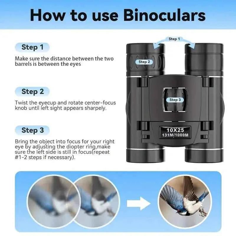 High Powered Mini Pocket Binoculars 10x25 with Phone Adapter – Compact, Lightweight, Portable – Black - Cartsfy Inc.