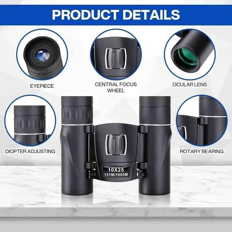 High Powered Mini Pocket Binoculars 10x25 with Phone Adapter – Compact, Lightweight, Portable – Black - Cartsfy Inc.