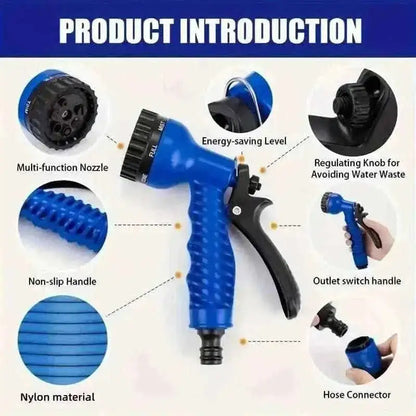 Blue spray gun with adjustable nozzle, expandable hose coils and hose connector