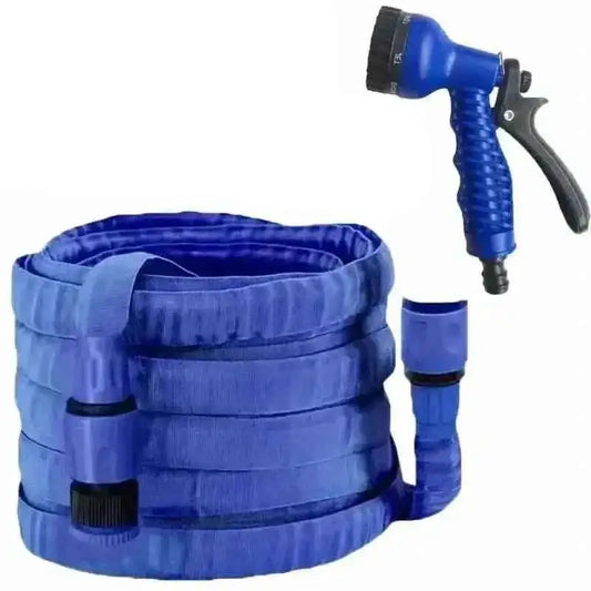 Blue expandable hose with spray gun and trigger handle, plus quick-connect connector