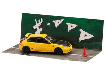 Honda Civic (EK9) RHD (Right Hand Drive) Yellow with Carbon Hood "Initial D" (1995-2013) Manga "Diorama Set Series" 1/64 Diecast Model car by Hobby Japan Miniature Motors Default Title Default Title-
