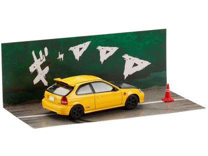 Honda Civic (EK9) RHD (Right Hand Drive) Yellow with Carbon Hood "Initial D" (1995-2013) Manga "Diorama Set Series" 1/64 Diecast Model car by Hobby Japan Miniature Motors Default Title Default Title-