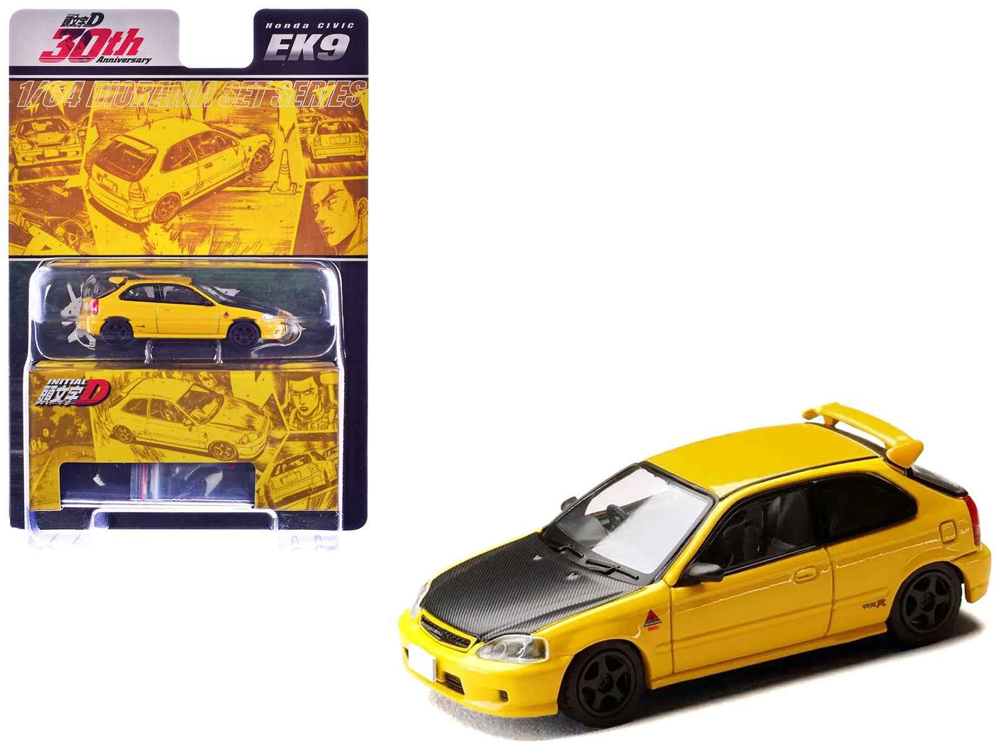 Honda Civic (EK9) RHD (Right Hand Drive) Yellow with Carbon Hood "Initial D" (1995-2013) Manga "Diorama Set Series" 1/64 Diecast Model car by Hobby Japan Miniature Motors Default Title Default Title-