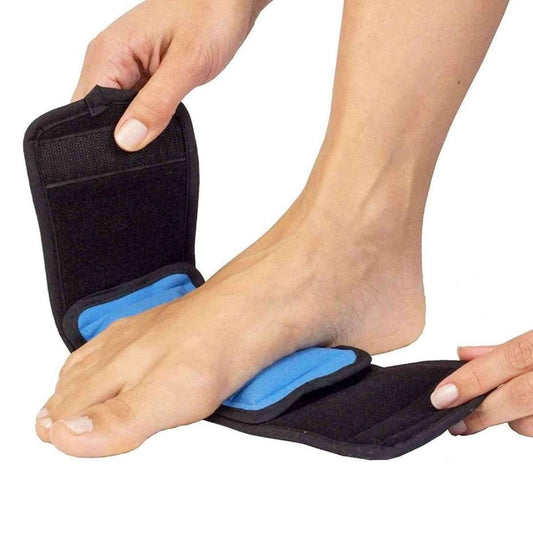 Adjustable ice wrap being placed on a foot with a blue gel pad inside a black sleeve