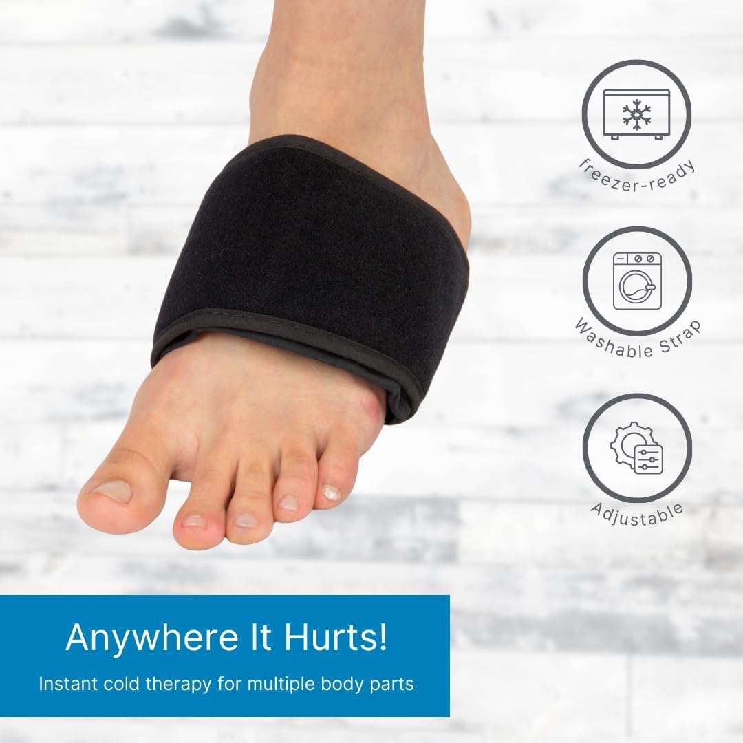 Foot ice wrap with black fabric sleeve and blue gel pad around the ankle