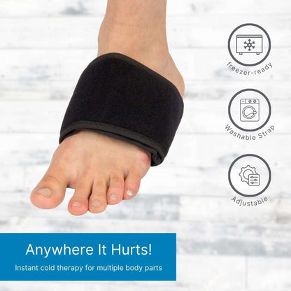Foot ice wrap with black fabric sleeve and blue gel pad around the ankle
