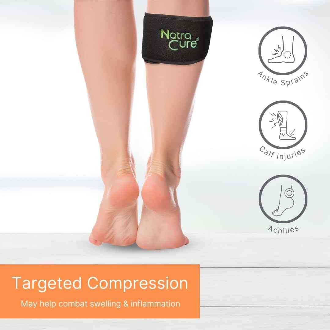 Ankle ice wrap with black fabric cover and blue gel insert, for compression and cold therapy
