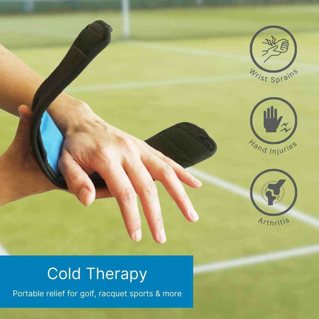 Wrist ice wrap with black strap and blue gel pad on a hand