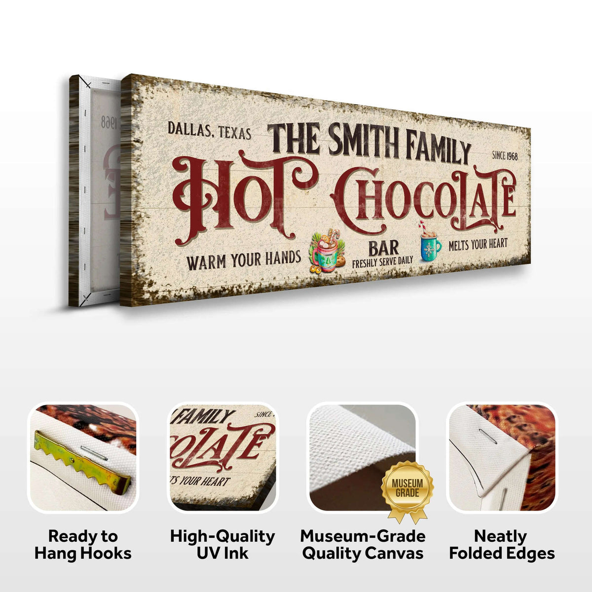Hot chocolate bar wall sign mockup with hanging hooks and folded-edge canvas icons