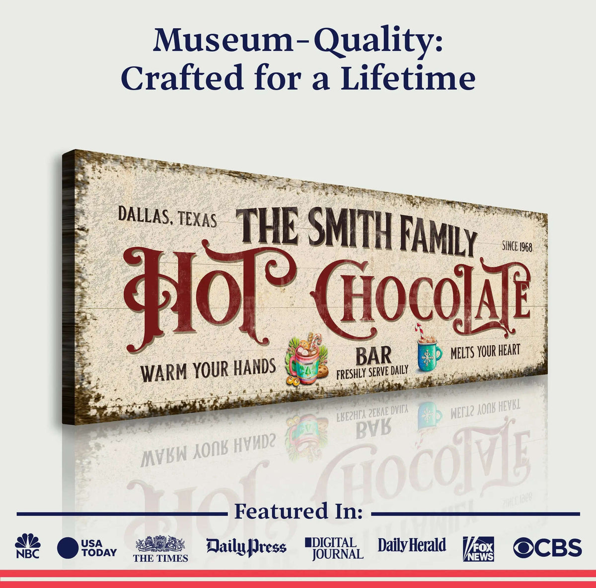 Vintage-style horizontal hot chocolate bar sign for The Smith Family, canvas print