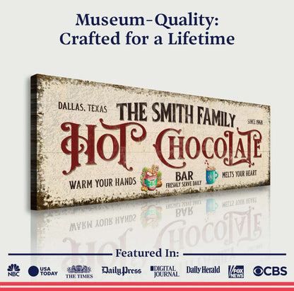 Vintage-style horizontal hot chocolate bar sign for The Smith Family, canvas print