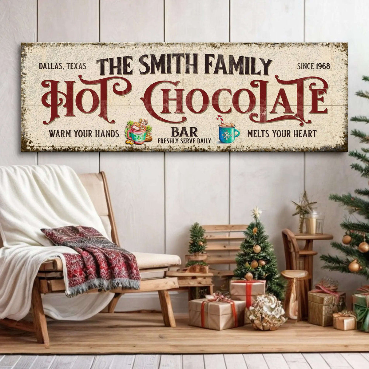 Horizontal hot chocolate bar wall sign with Smith Family text and red lettering