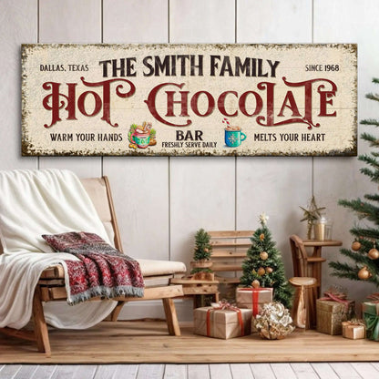 Horizontal hot chocolate bar wall sign with Smith Family text and red lettering