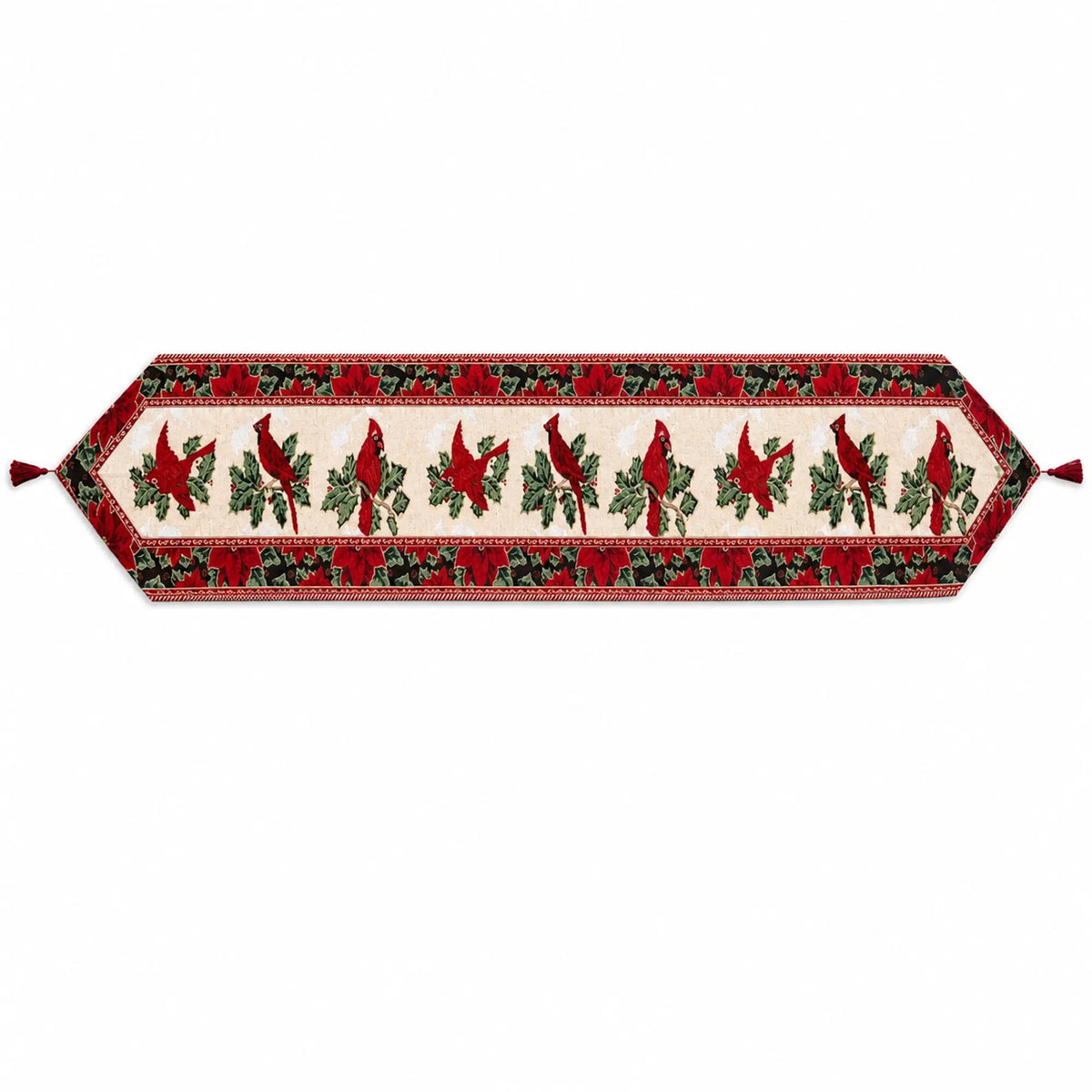 Cardinal, Mistletoe Poinsettia Christmas Tablecloth Holiday Runner 77 Inches