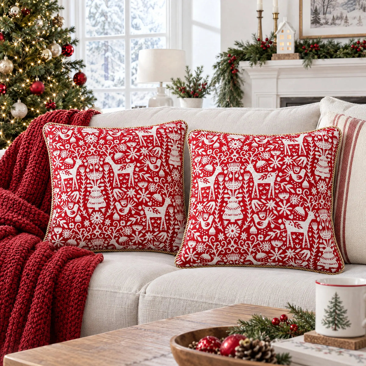 Set of 2 White Deer in the Woods Christmas Throw Cushion Pillow Covers