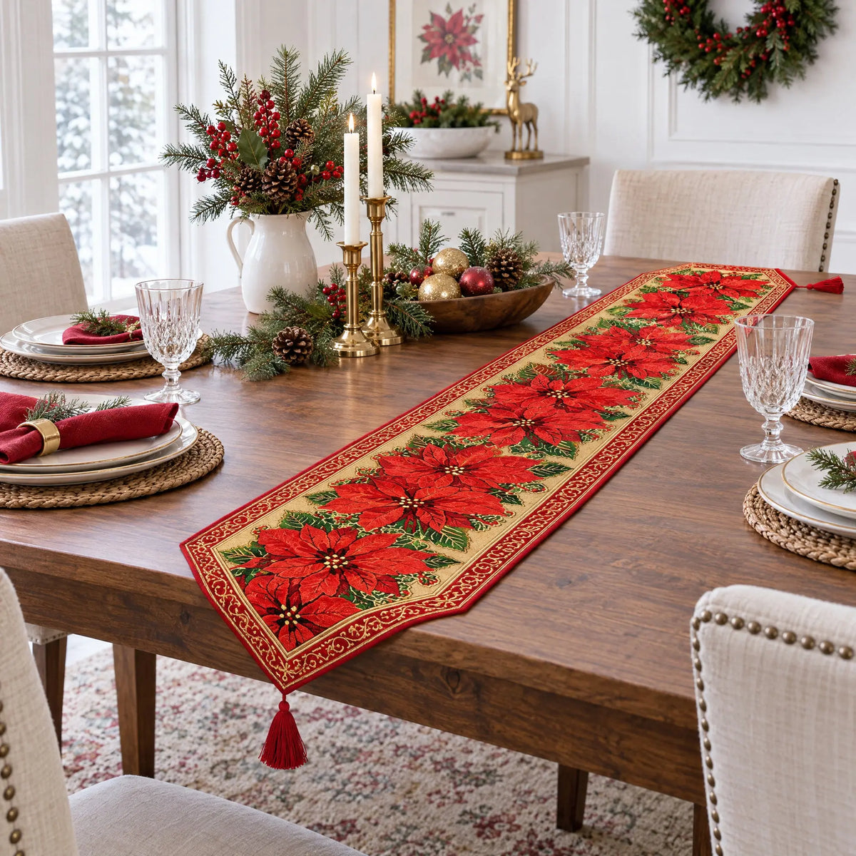 Poinsettia Flowers Christmas Tablecloth Holiday Runner 75 Inches