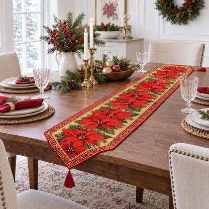 Poinsettia Flowers Christmas Tablecloth Holiday Runner 75 Inches
