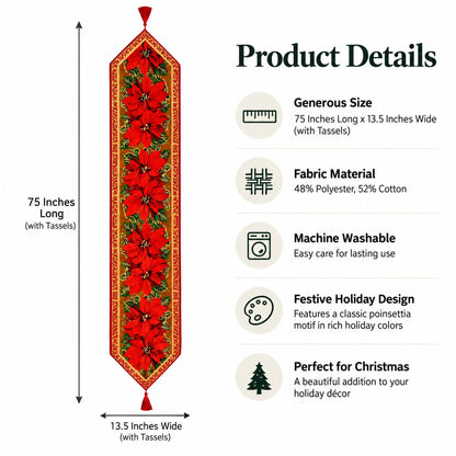 Poinsettia Flowers Christmas Tablecloth Holiday Runner 75 Inches