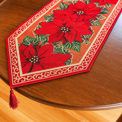 Poinsettia Flowers Christmas Tablecloth Holiday Runner 75 Inches