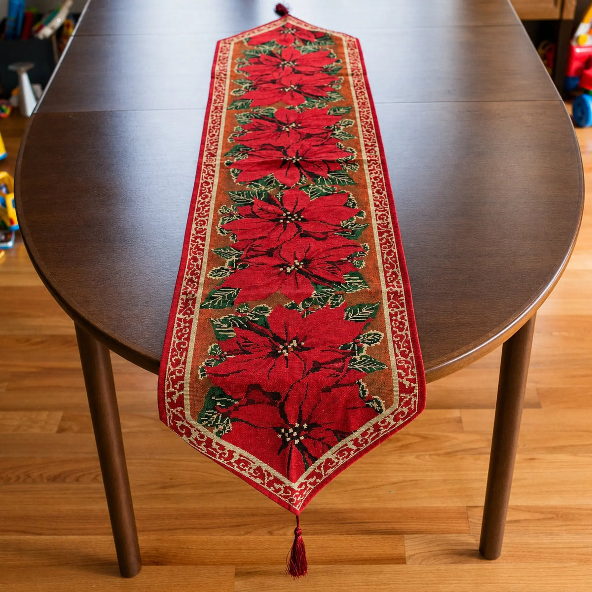 Poinsettia Flowers Christmas Tablecloth Holiday Runner 75 Inches