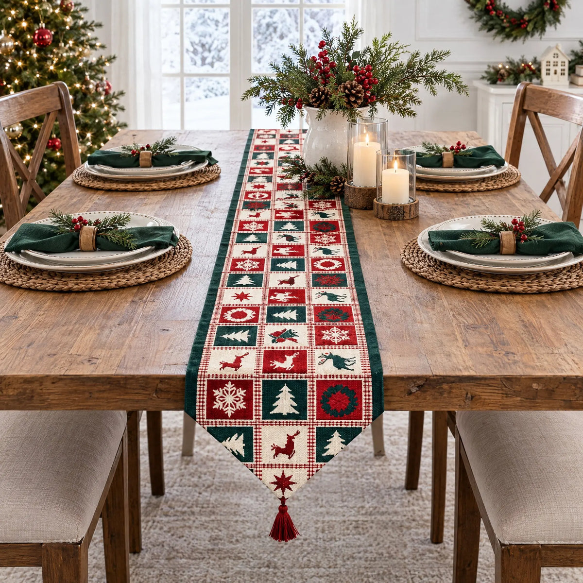 Reindeer Square Patterns Christmas Tablecloth Holiday Runner 75 Inches