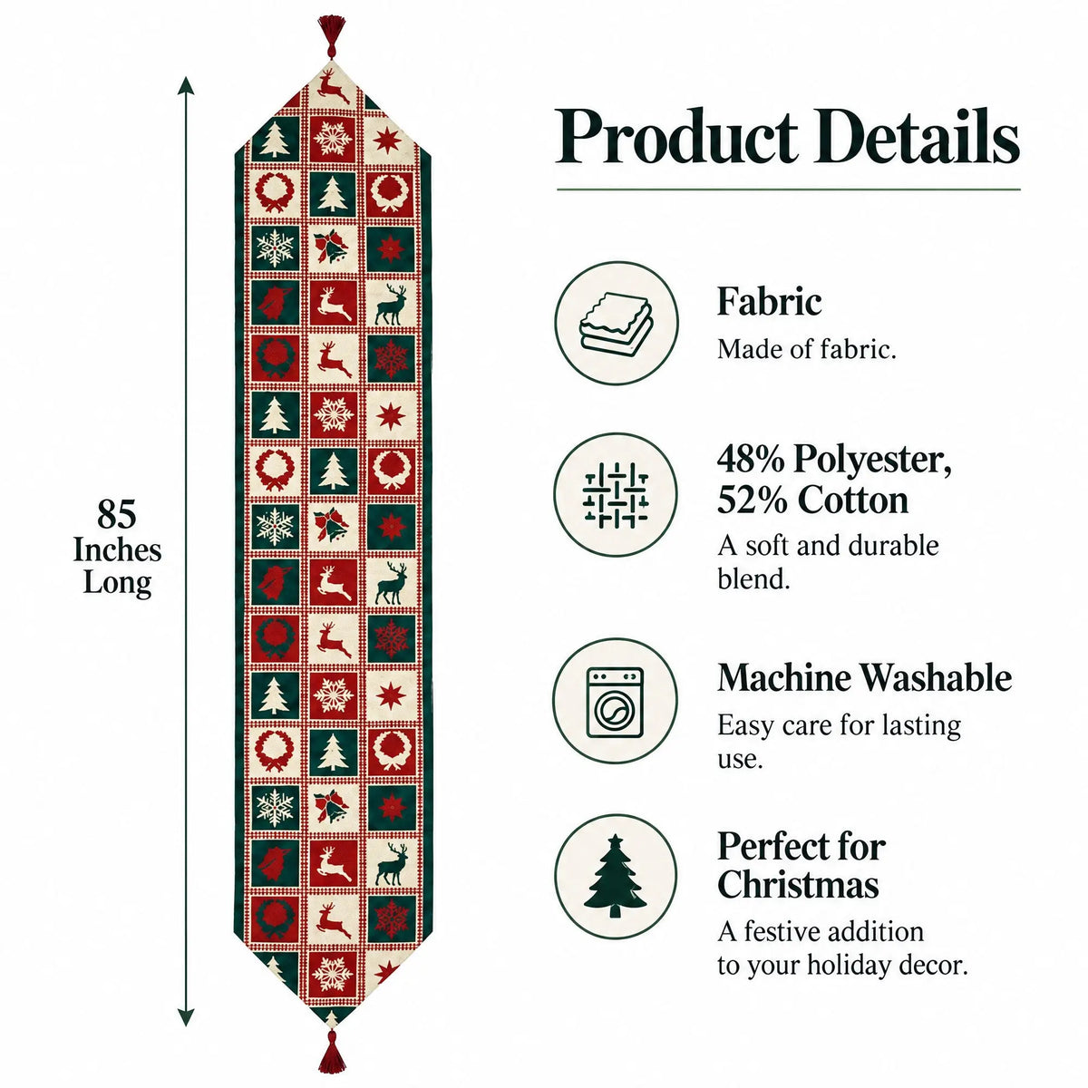 Reindeer Square Patterns Christmas Tablecloth Holiday Runner 75 Inches