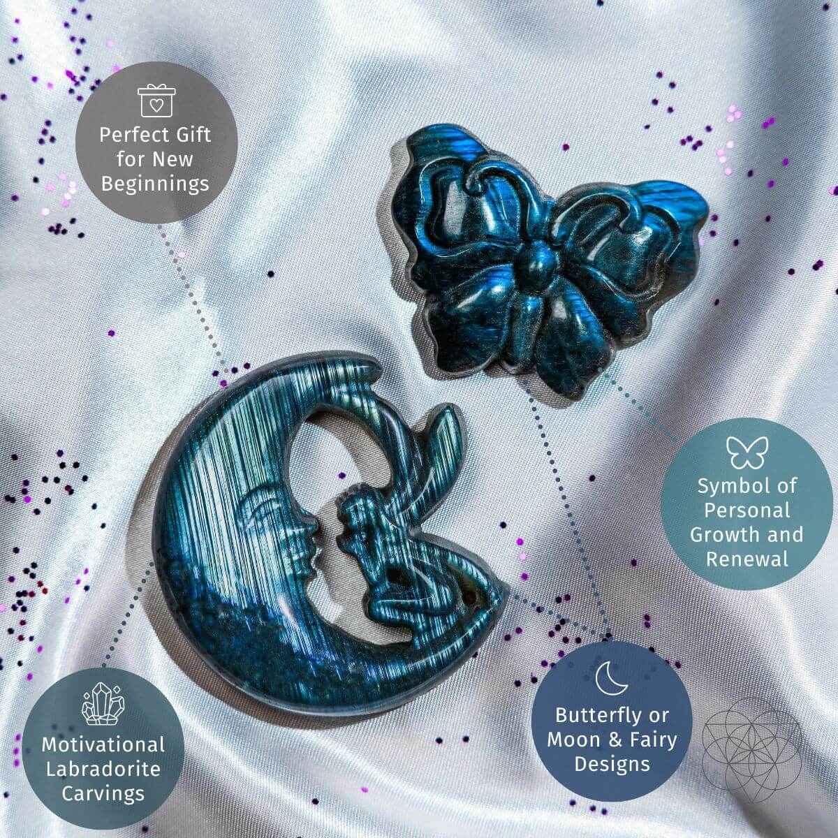 Blue labradorite moon and butterfly carvings with glossy iridescent swirl detail