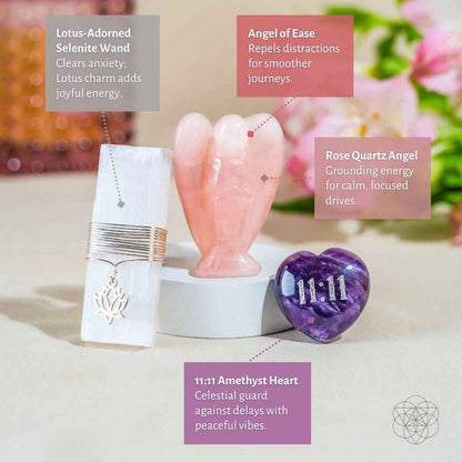 Rose quartz angel, stacked metal clip, and purple 11:11 amethyst heart crystal set