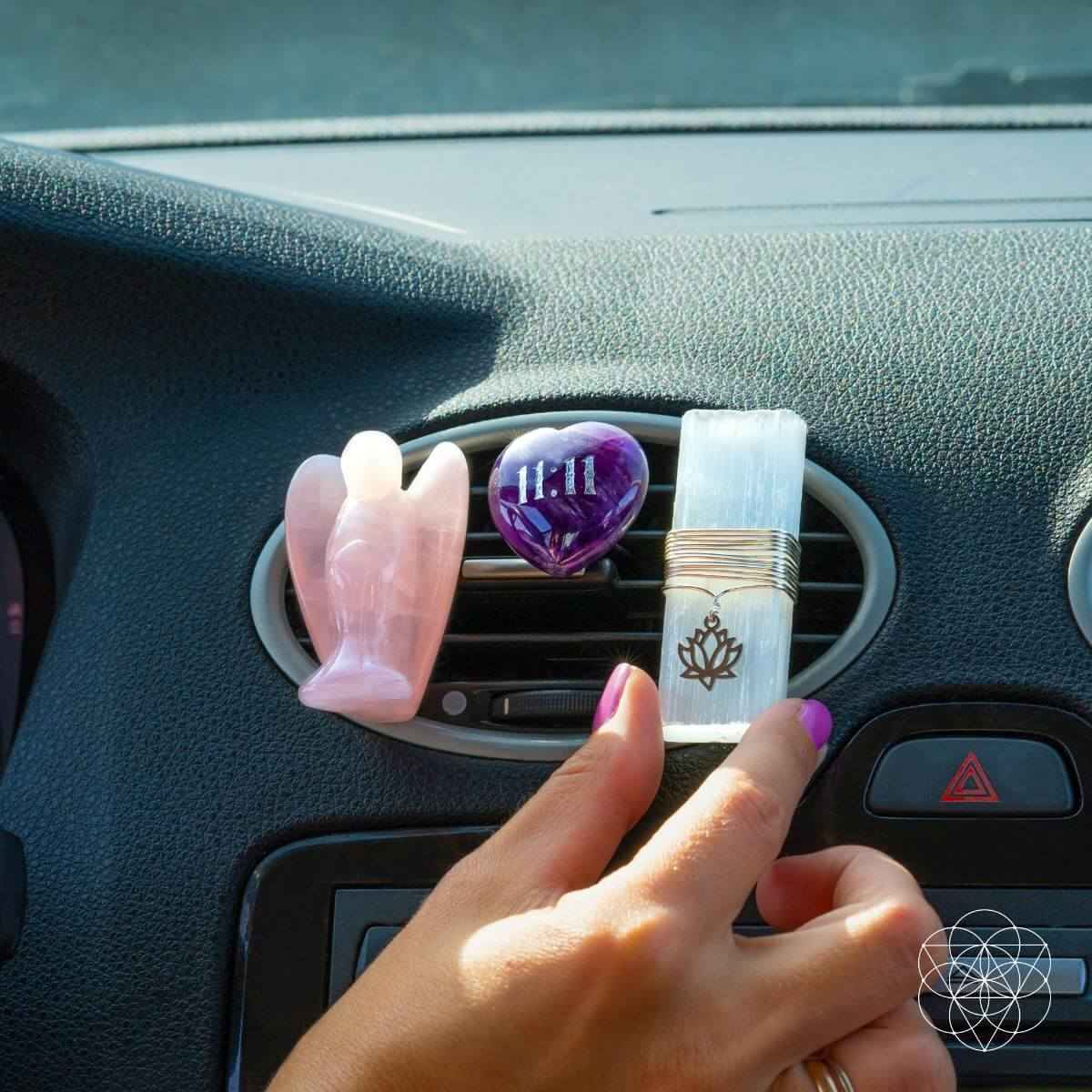 Hand adjusting crystal car air freshener kit: rose quartz angel, amethyst heart, metal clip