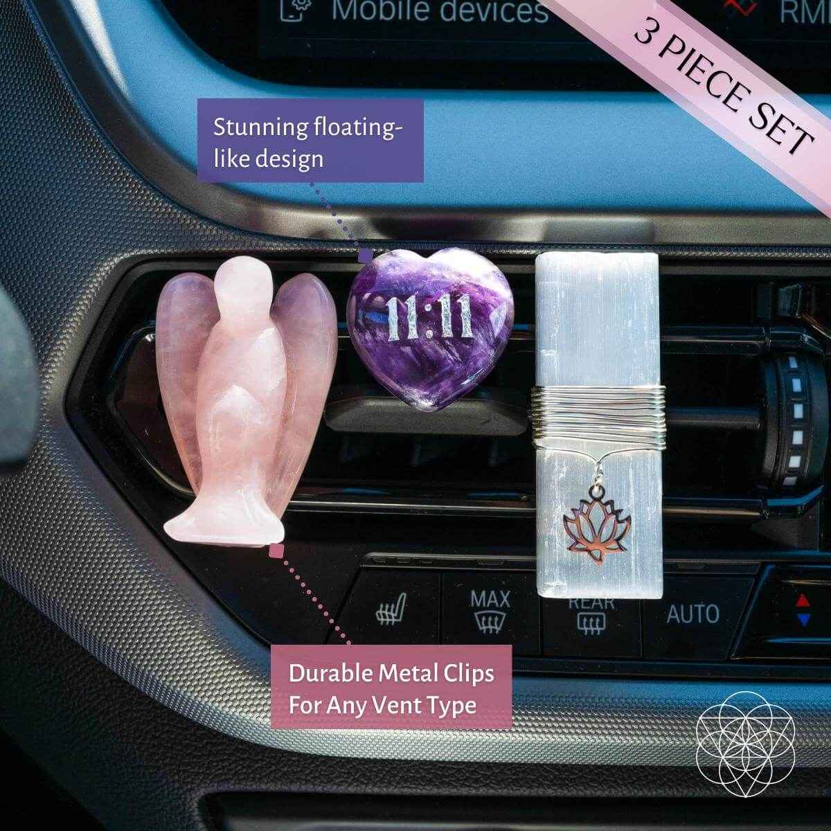 Rose quartz angel and amethyst heart crystal car kit with metal clip, on dashboard