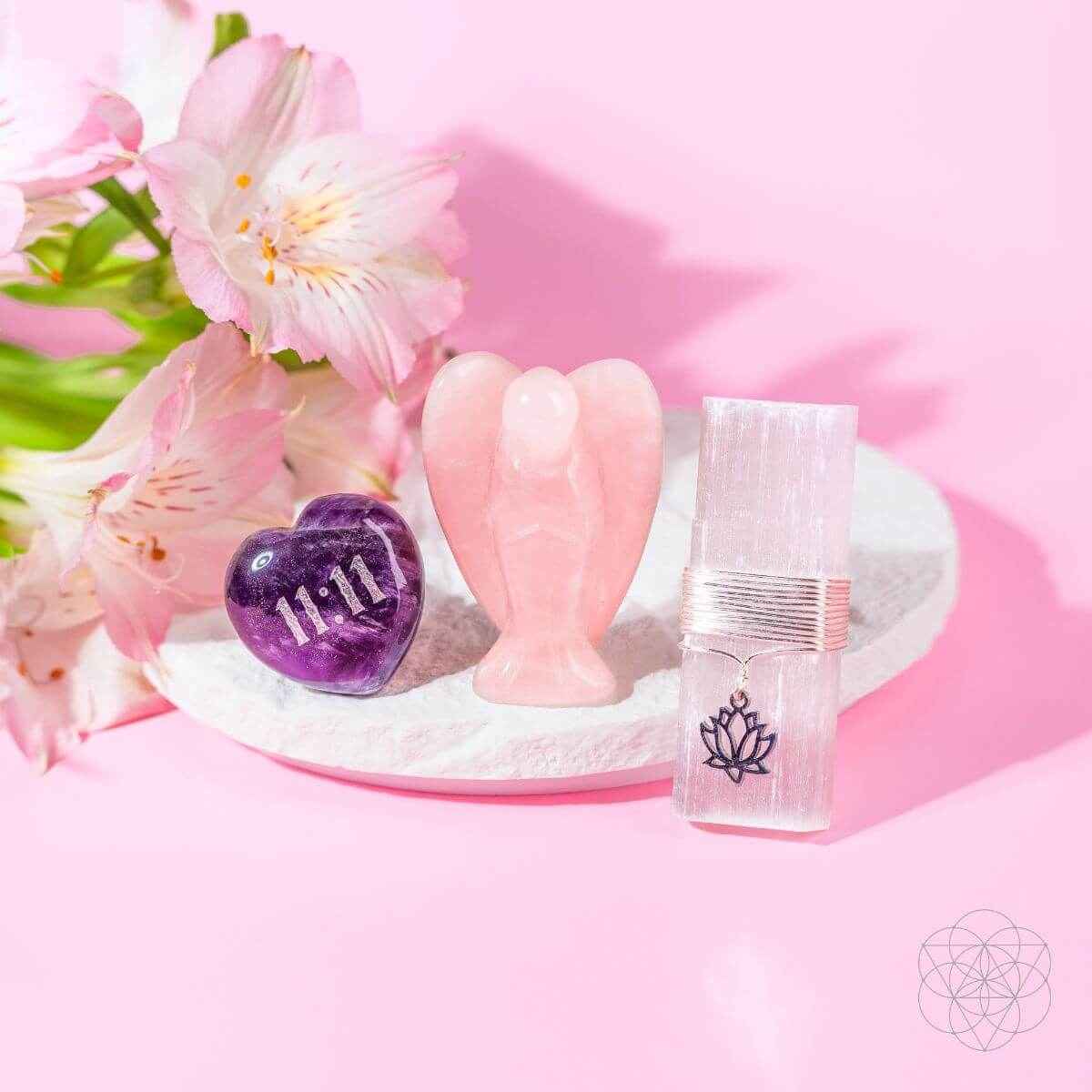Rose quartz angel figurine, amethyst heart crystal, and metal air freshener clip set