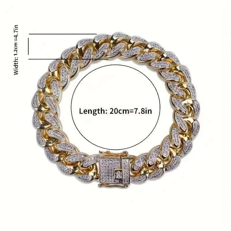 Gold-and-silver Cuban link zircon bracelet with square center clasp, men’s style