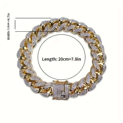 Gold-and-silver Cuban link zircon bracelet with square center clasp, men’s style