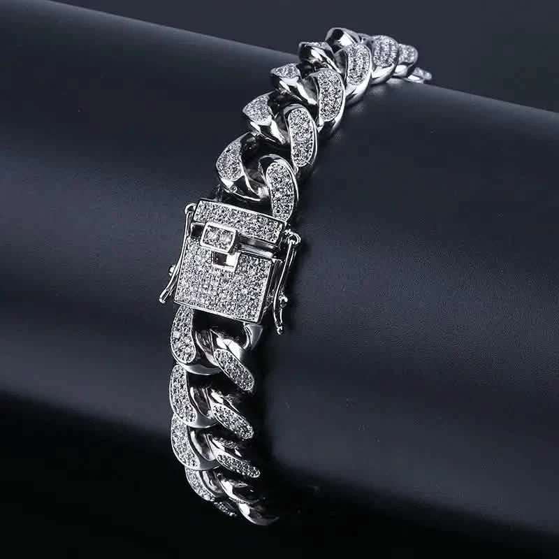 Silver-tone Cuban link zircon bracelet with square clasp detail and glittering chain links
