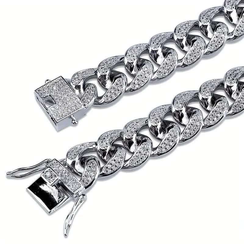 Silver-tone Cuban link zircon bracelet with square lock clasp and open side bars