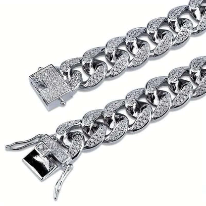 Silver-tone Cuban link zircon bracelet with square lock clasp and open side bars